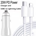 Wholesale iPhone IOS 8PIN Lightning, iPad, Airpods 2in1 20W PD Fast Power Delivery Charger with 3FT USB-C to Lightning Cable (Car - White)